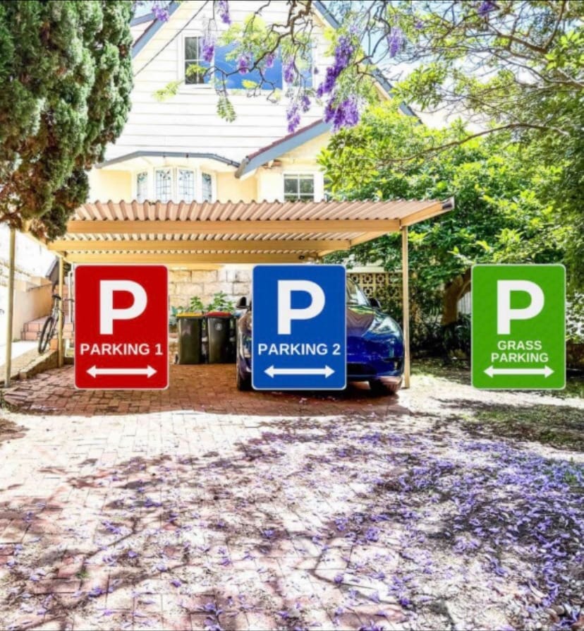 Carport with Parking 1 and Parking 2 under cover, and grass parking to the right